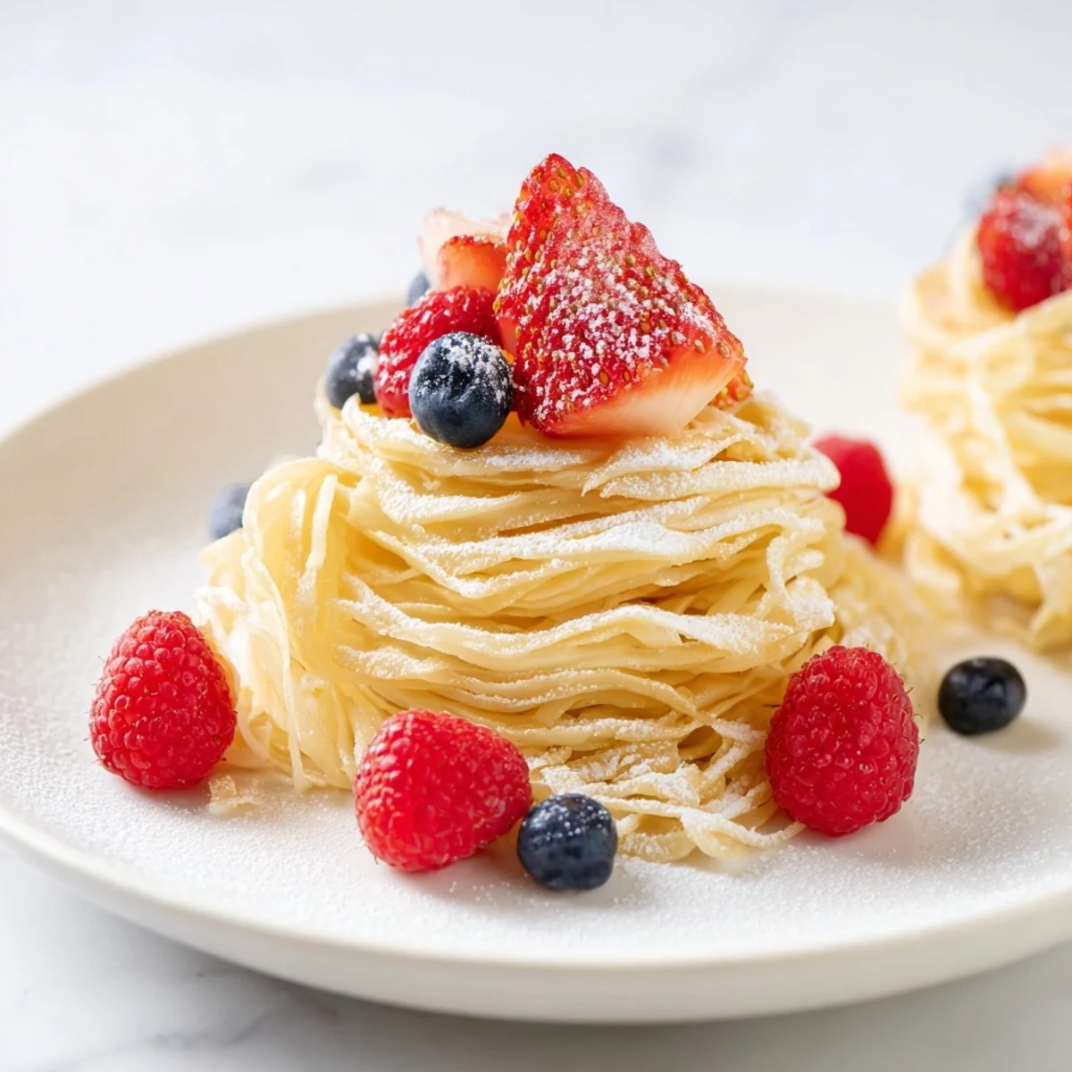 Golden Quick Festive Pancake Spaghetti piled high, ready to be enjoyed with whipped cream and maple syrup.