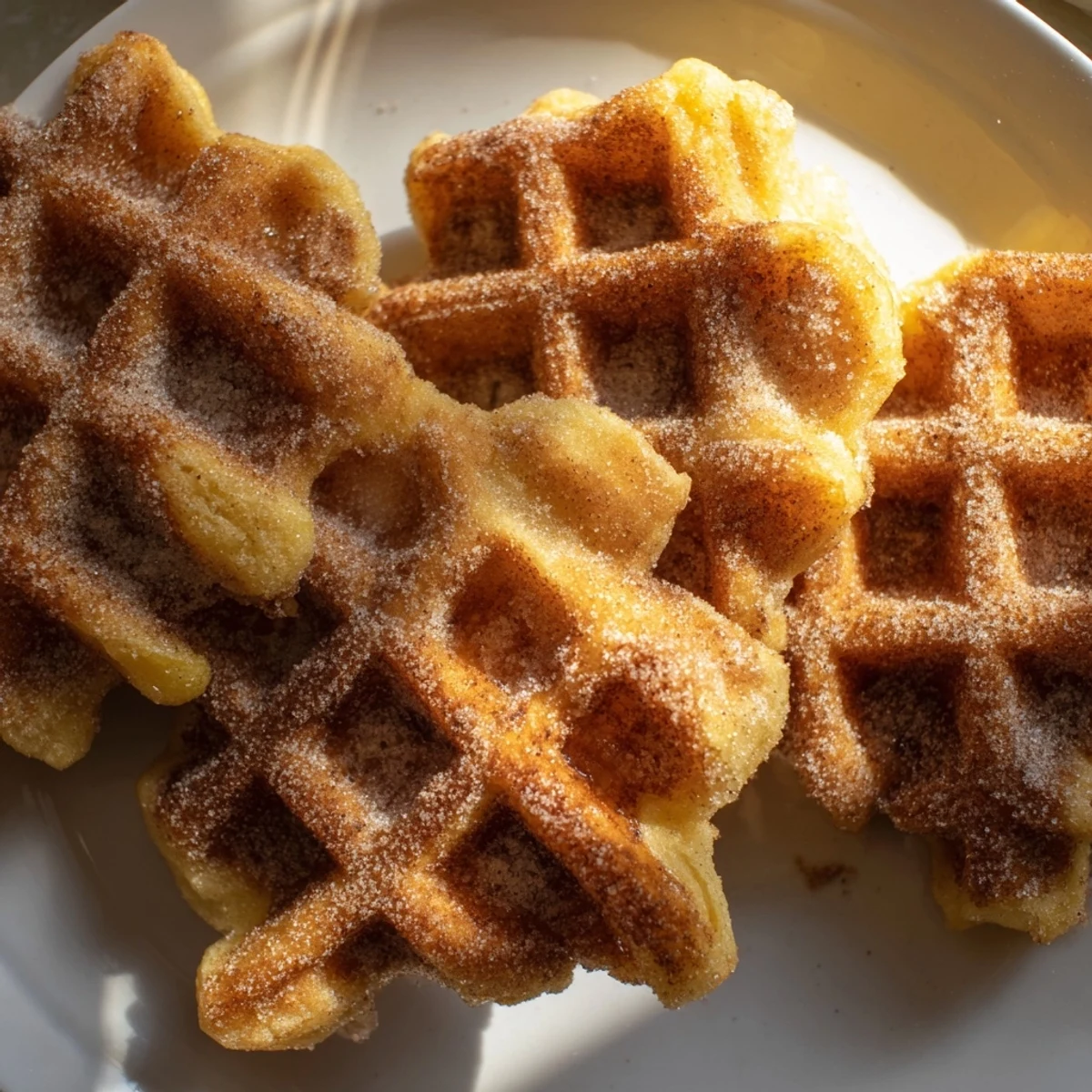 Golden-brown Express Cinnamon Sugar Churro Waffles, perfectly crisp, dusted in sweet cinnamon coating, ready to enjoy.