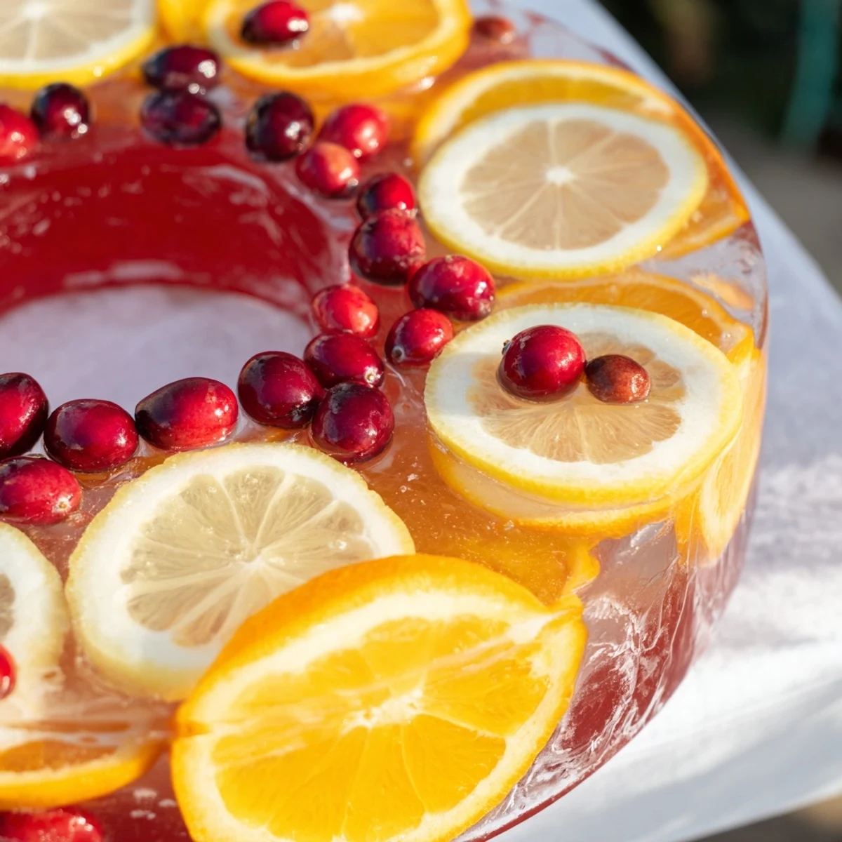 Vibrant Quick Holiday Punch with Ice Ring, garnished with floating fruit, is perfect for the holidays.