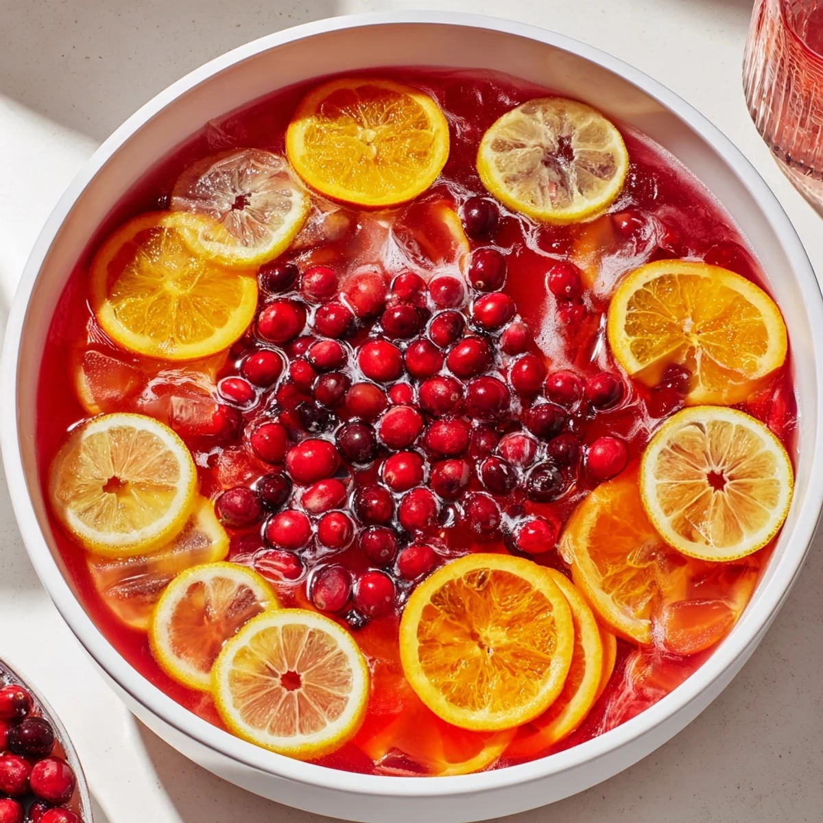 A ruby-red Quick Holiday Punch with Ice Ring, a favorite holiday beverage, ready to serve and enjoy.