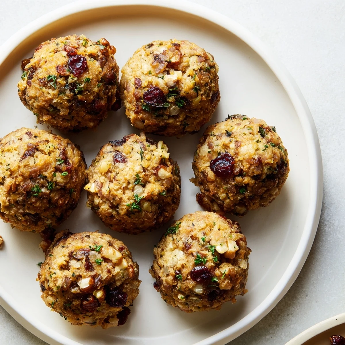 Herb-infused Quick Christmas Stuffing Balls, a delightful vegetarian holiday side, served from oven to table.