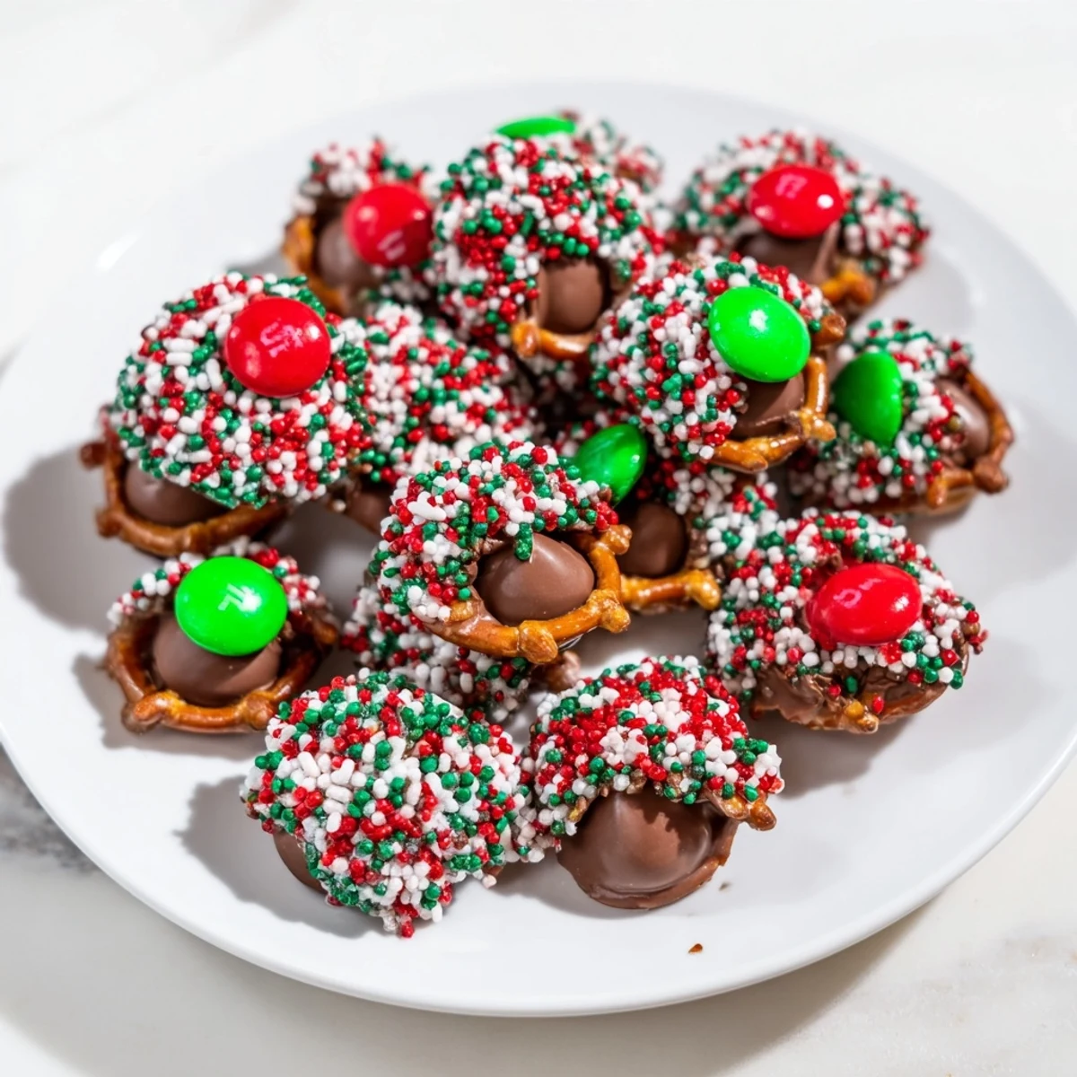 Golden-brown Air Fryer Christmas Pretzel Bites, a sweet treat with colorful sprinkles and a smooth chocolate finish.