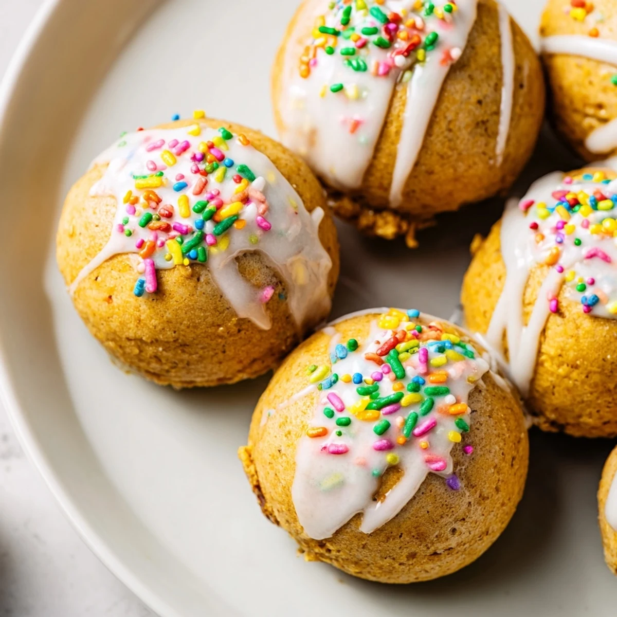 Fluffy Christmas biscuit bombs are shown, glazed, and sprinkled, ready to enjoy this holiday.