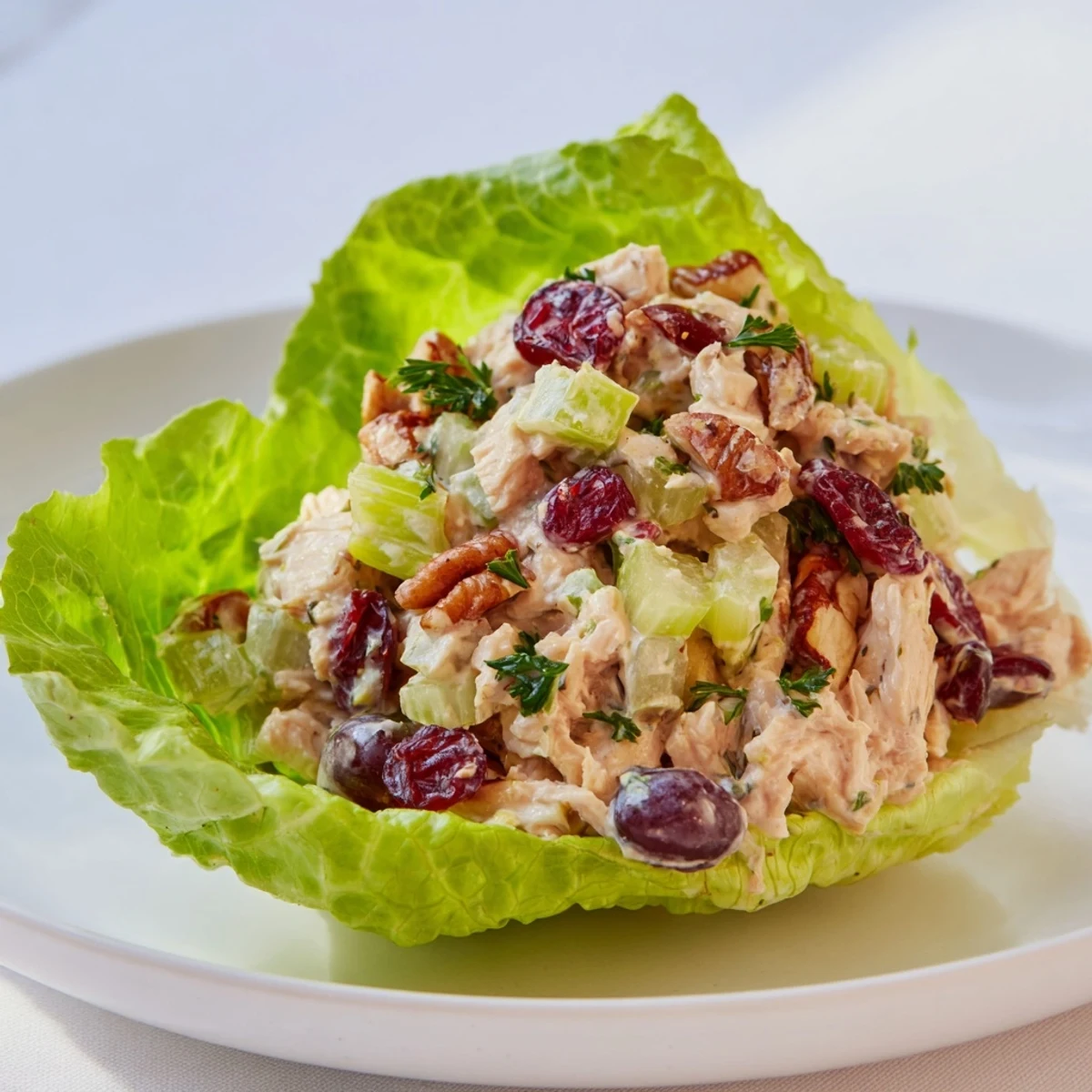 Refreshing festive chicken salad cups nestled in crisp lettuce shells, perfect for summer.