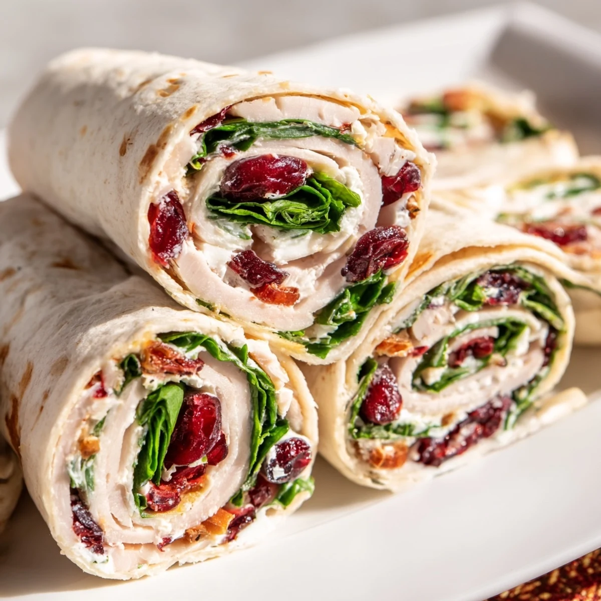 Beautiful display of chilled Turkey Cranberry Pinwheels, perfect appetizer for your next party.