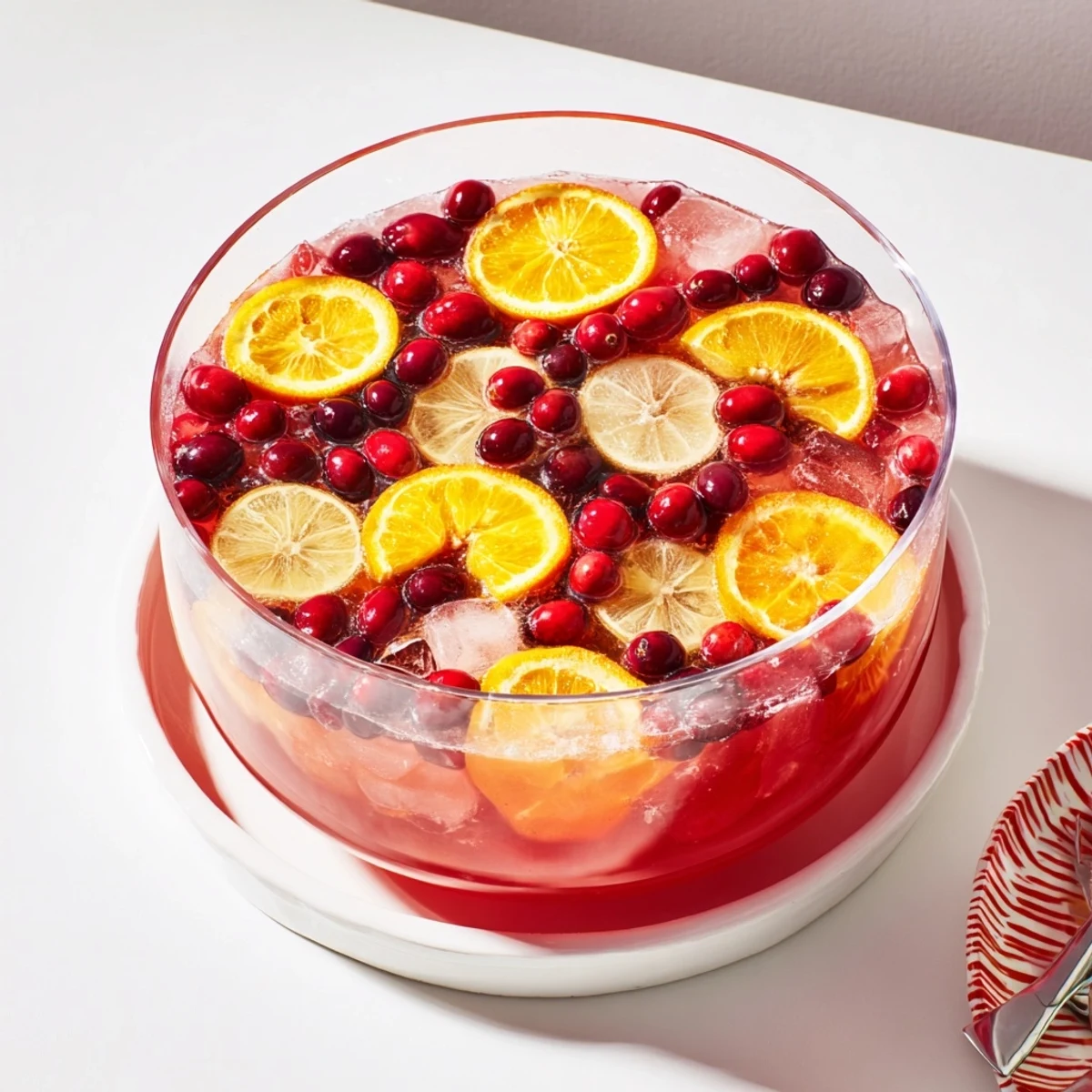 A vibrant photo of Quick Holiday Punch, with a stunning fruit-filled ice ring chilling the punch.