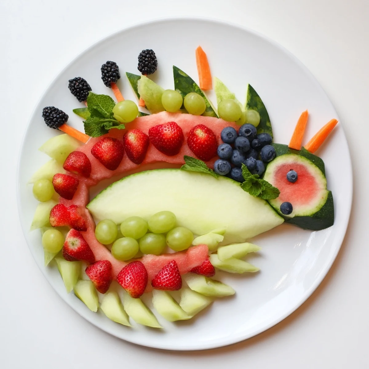 Vibrant Dragon-Shaped Fruit Tray, a stunning party appetizer bursting with fresh, colorful melons and berries.