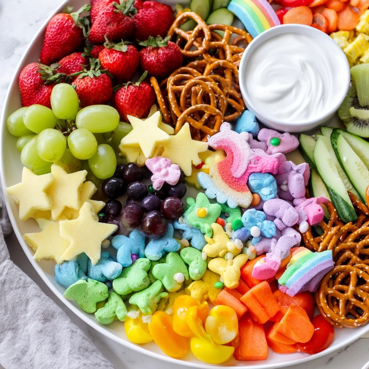 Vibrant Unicorn Party Platter: a rainbow of fresh fruits, savory snacks, and sweet treats awaits.