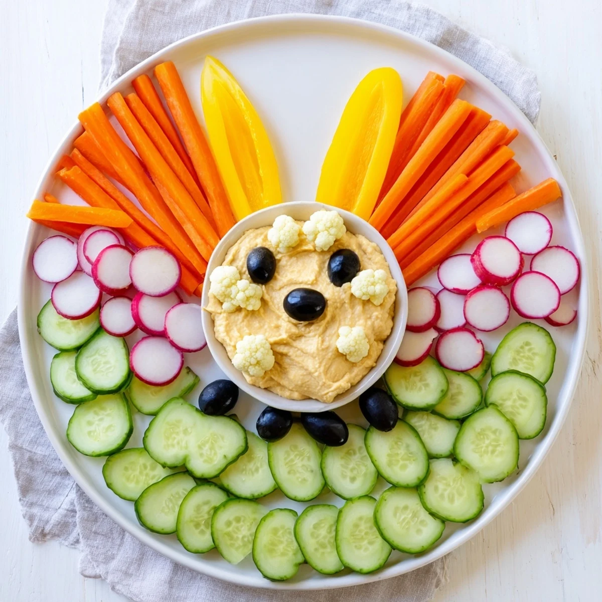 This Bunny Meadow Veggie Board features colorful carrots, tomatoes, and broccoli arranged for a fun, healthy snack.