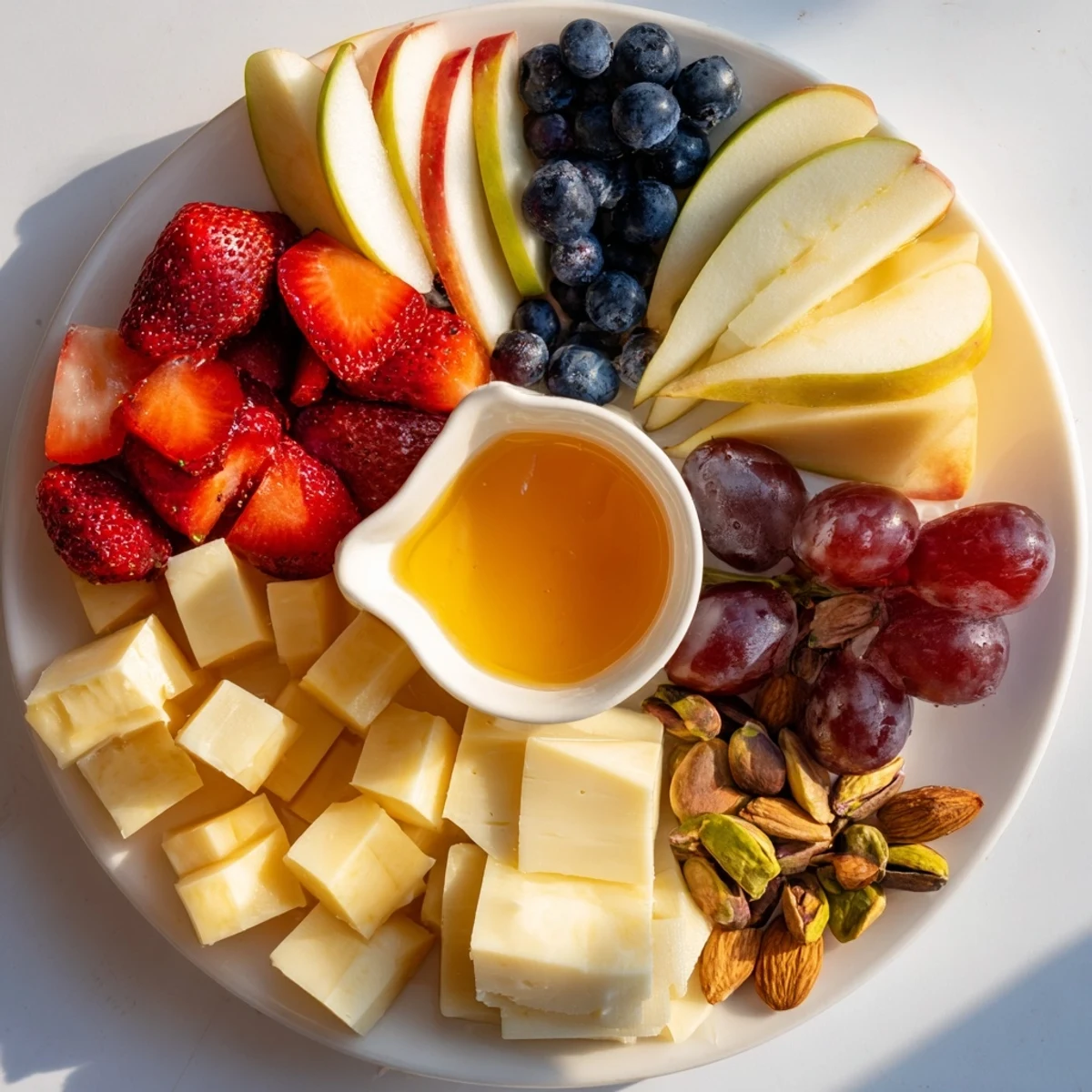 A beautifully arranged Bears Honey Pot Board, ready for dipping fruits and crackers into golden honey.