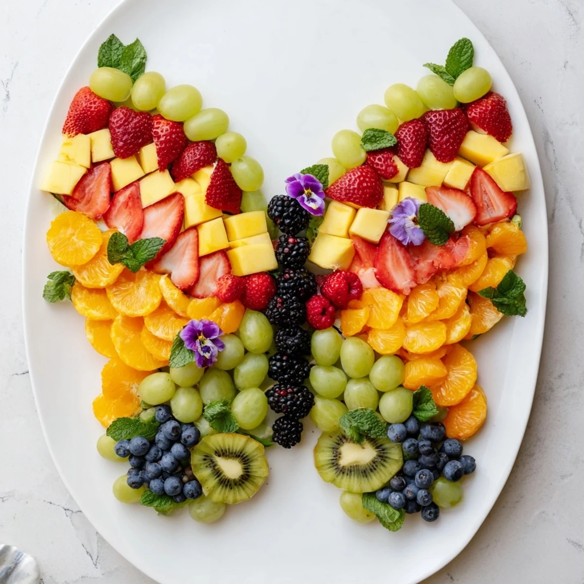 A vibrant butterfly bloom fruit board displays a beautiful array of summer fruits ready to eat.