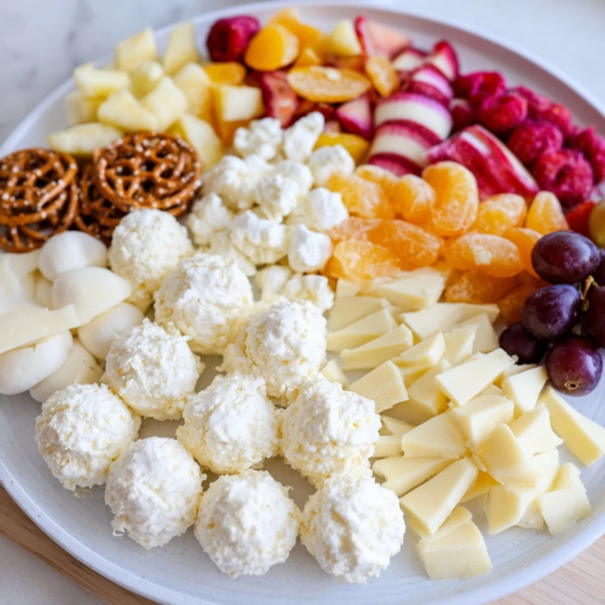 This vibrant Cloud & Rainbow Grazing Board features a rainbow of fresh fruits and creamy cheeses for guests.
