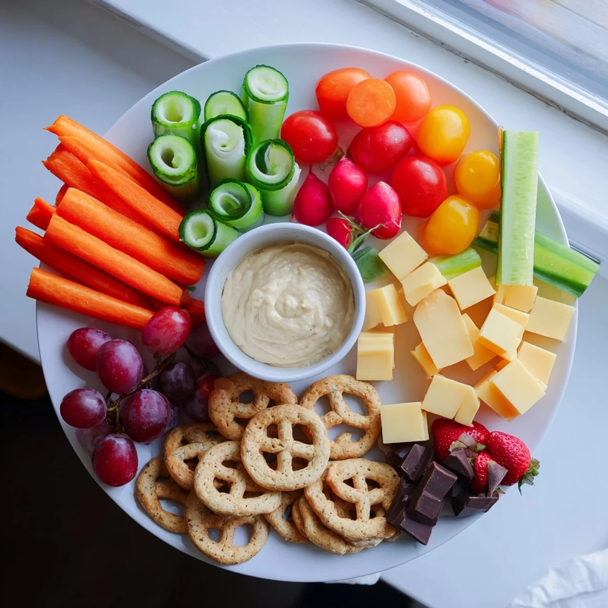 Vibrant Fox & Friends snack tray: colorful array of veggies, fruits, and cheese ready to enjoy.