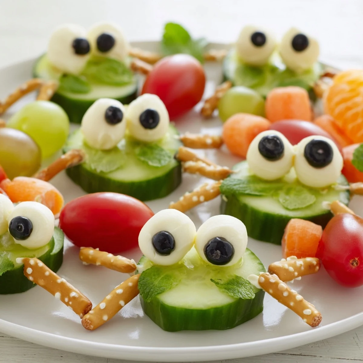 Frog Pond Snack Tray: Cucumber lily pads holding cheesy frog bodies with candy eyes and carrot plants.