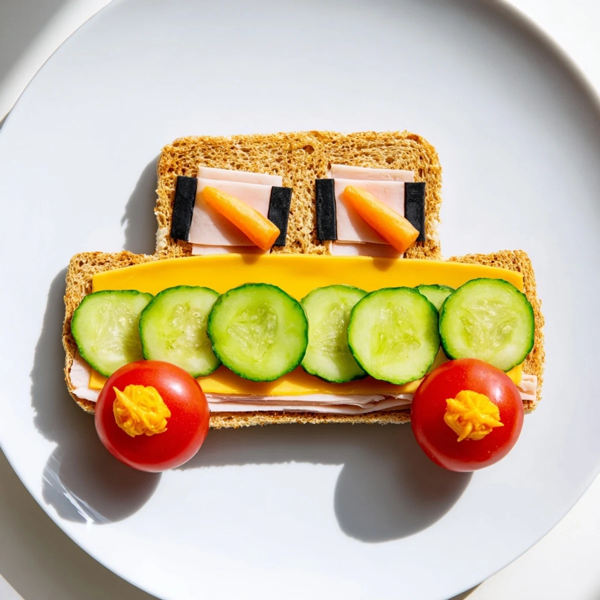 Delicious Road Trip Ready Car-Shaped Lunch, featuring cheesy sandwiches with colorful veggie car details.