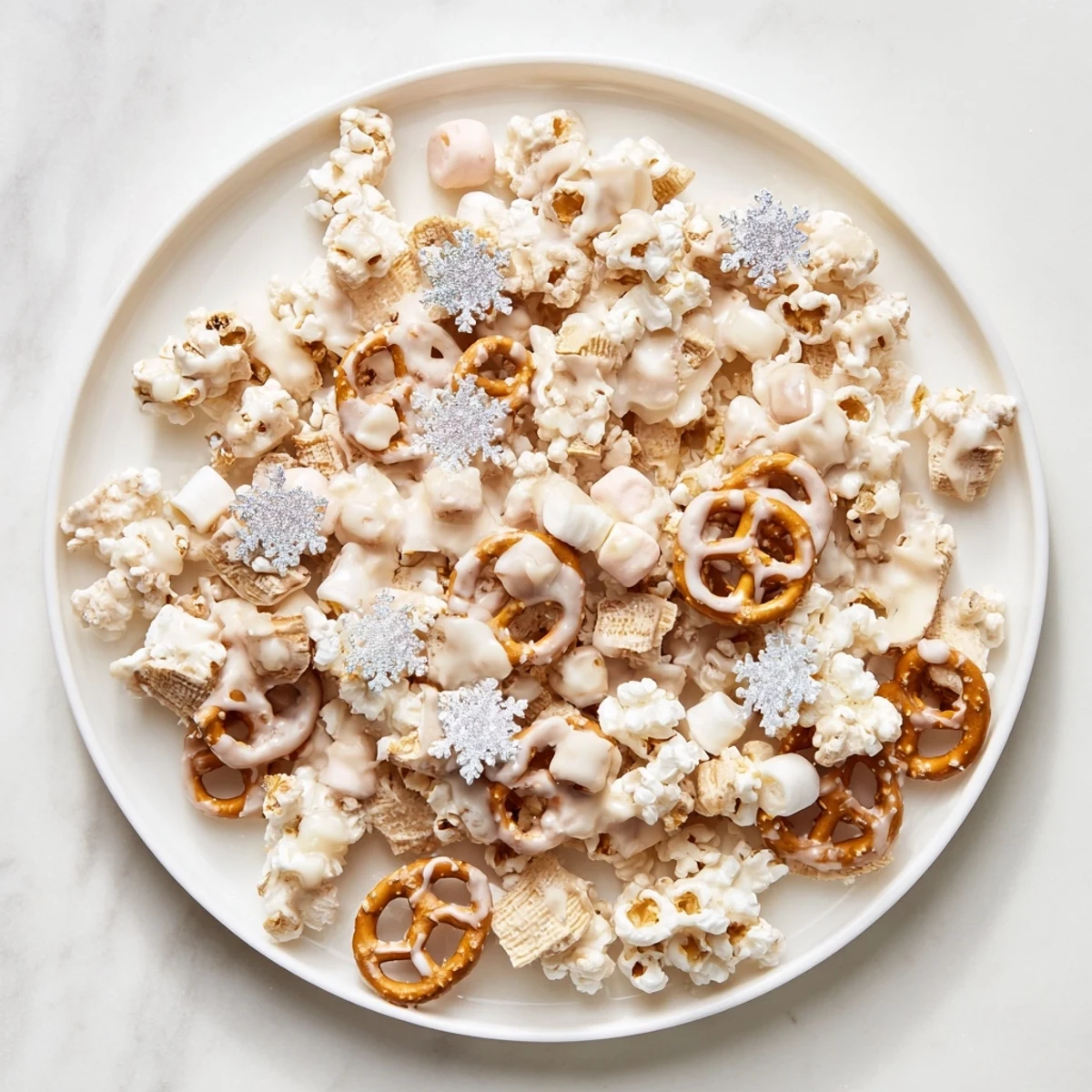 Close-up of Ski Season Snowflake Snack Mix, sweet and crunchy with white chocolate coating and sprinkles.