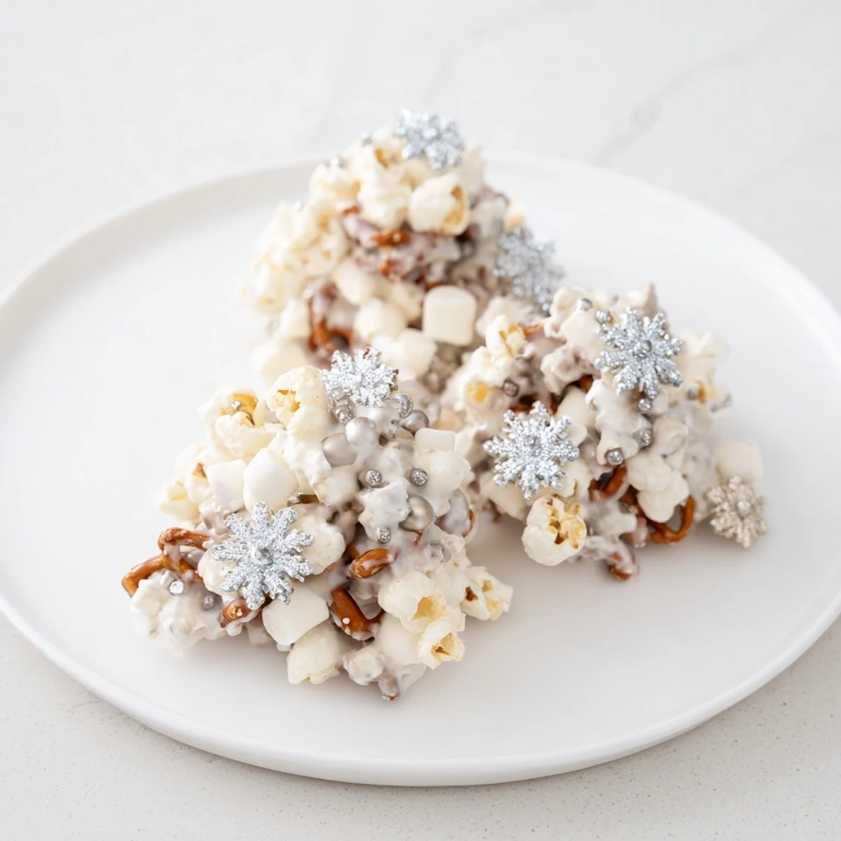 A festive serving of Ski Season Snowflake Snack Mix, perfect for a cozy après-ski treat.