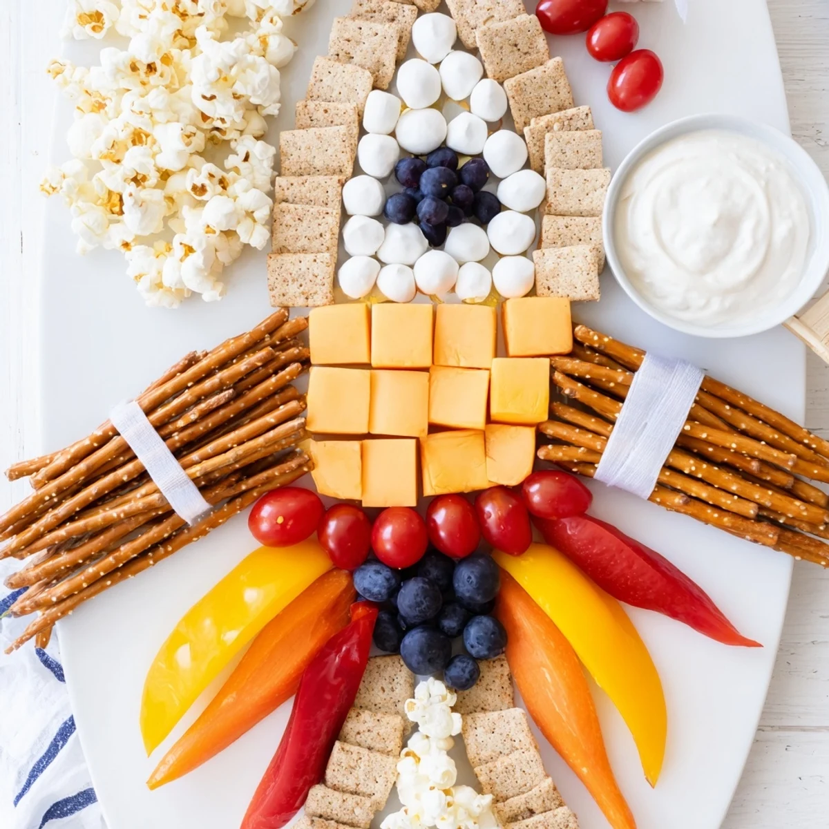 A delicious Blast Off Spaceship Snack Board featuring hummus, crackers, and fun rocket ship design.