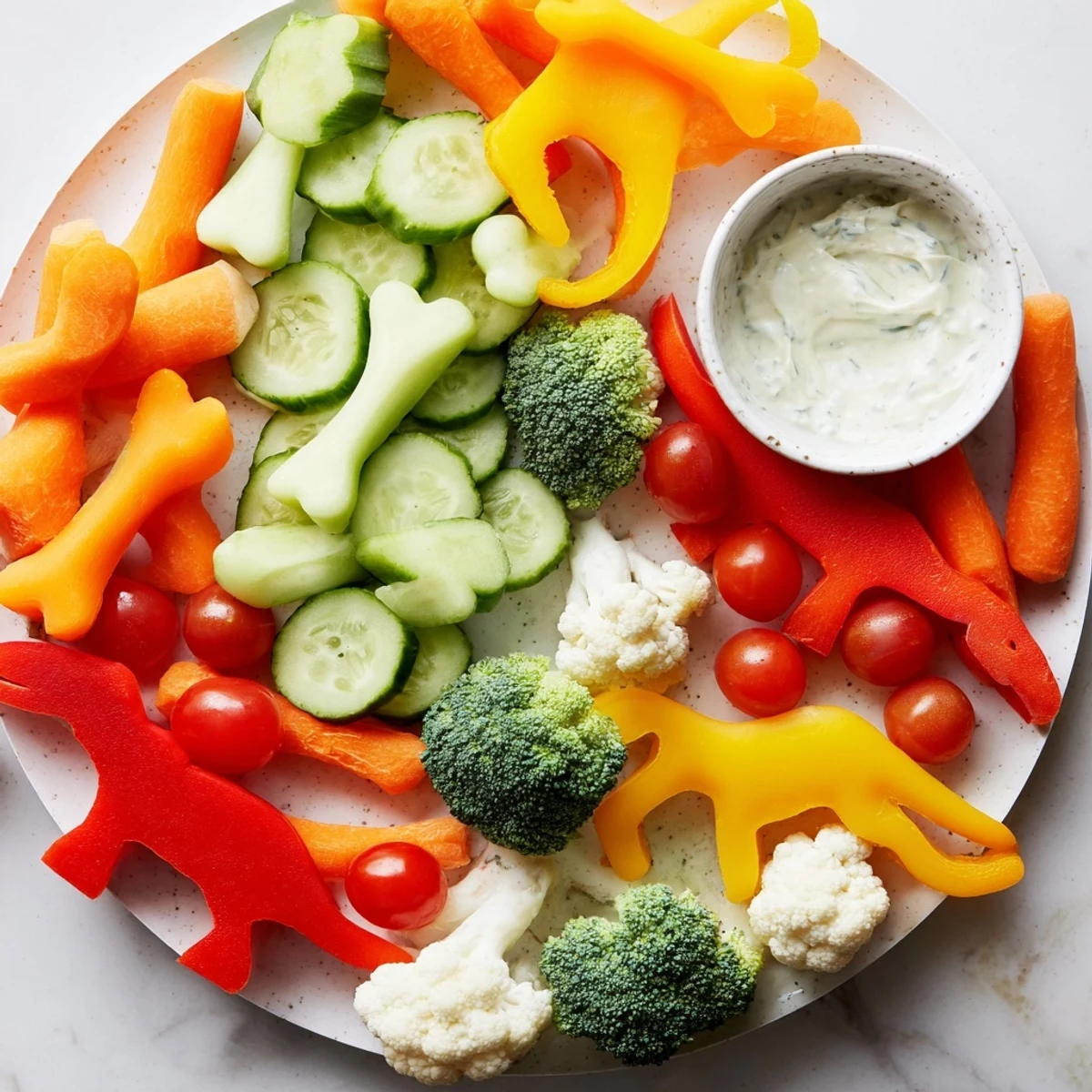 Fresh Dino-Mite Dinosaur Fossil Crudités: imagine crunchy carrot bones, broccoli vertebrae, and vibrant bell pepper shapes.
