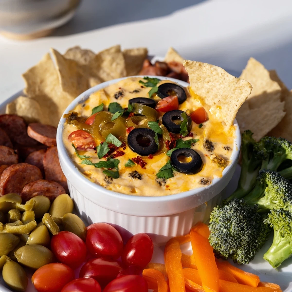 Enjoy the spicy, bubbling cheese of this Lava Flow Volcano Dip, served with crunchy chips.