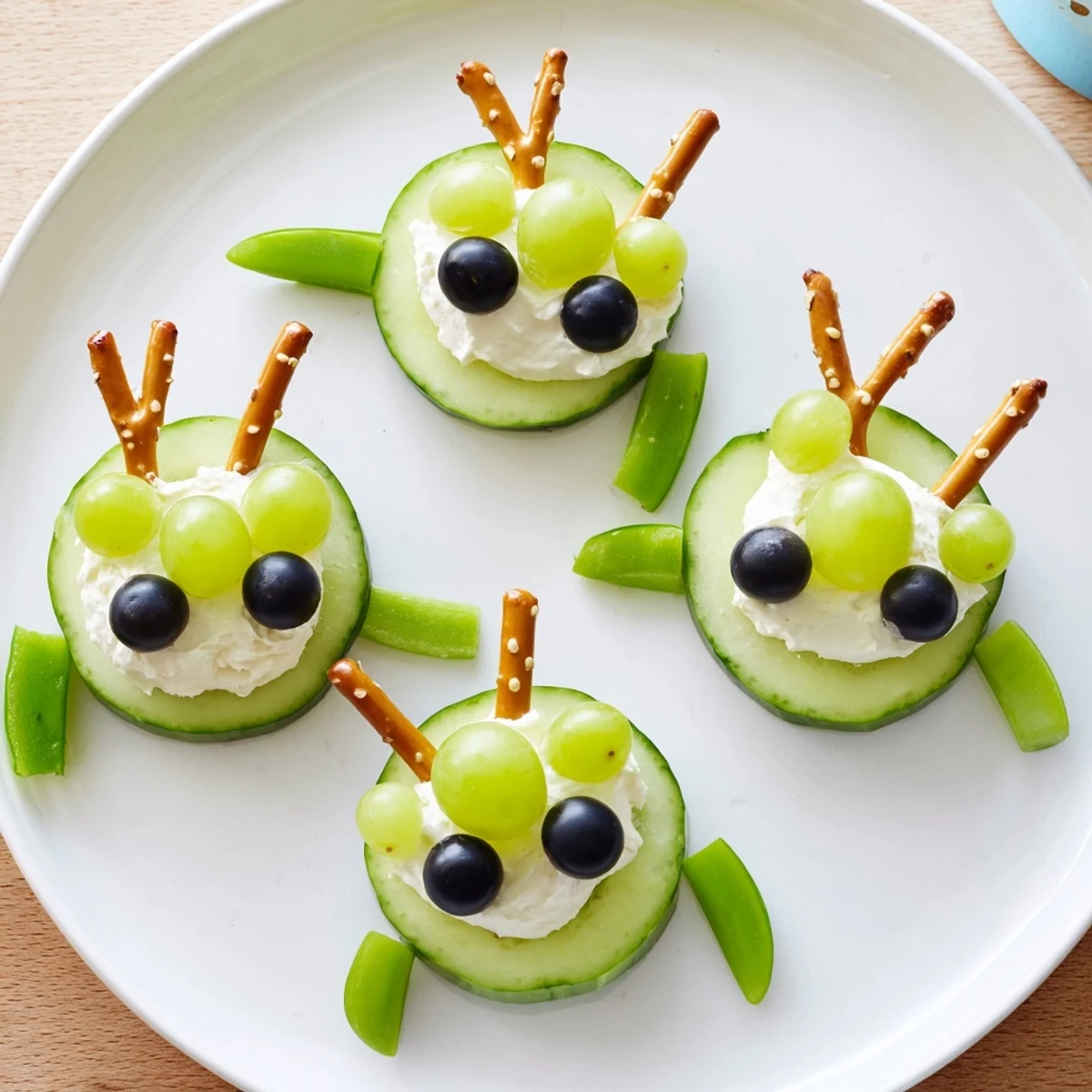 Adorable Little Green Men Alien Snack Attack: colorful alien snacks feature fresh green veggies and candy eyes.