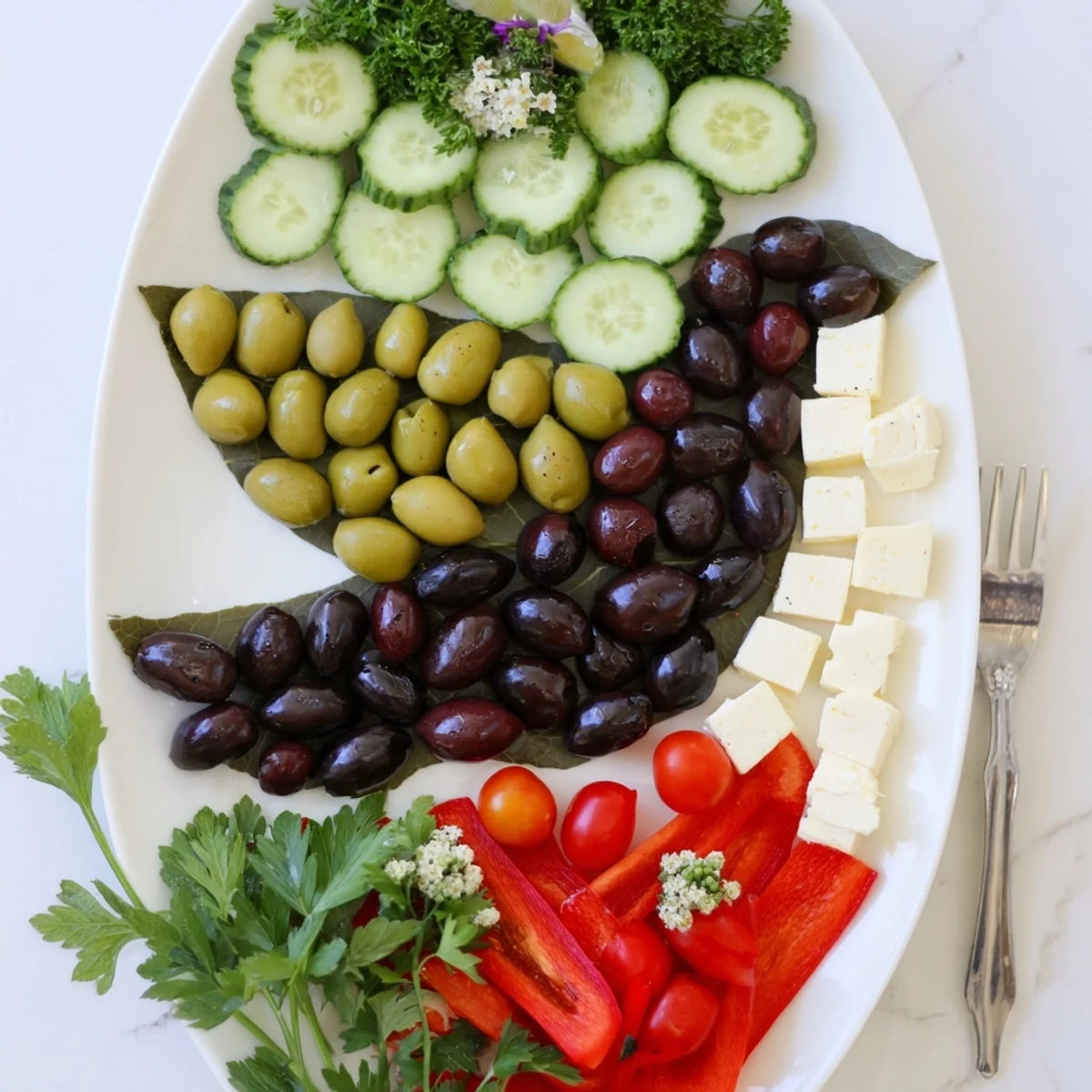 Visualize the easy-to-make Colombe de la Paix Olive Platter, overflowing with Mediterranean flavors and fresh ingredients.