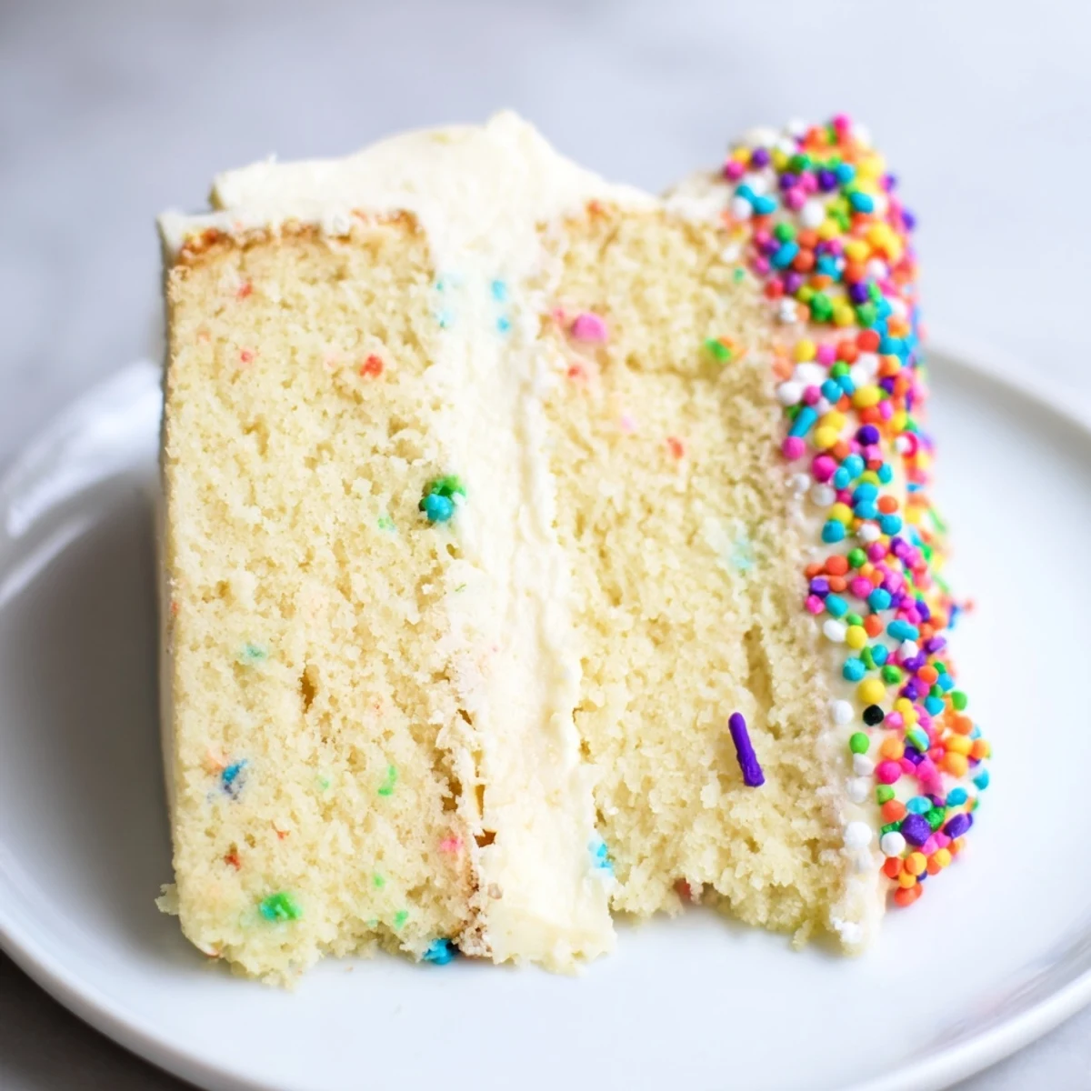 Enjoy a slice of Happy Birthday Cake, a vanilla dream topped with rainbow sprinkles.