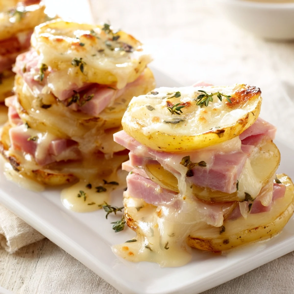 A warm, inviting photo of the French Plateau Moufle Chaud et Confortable, a creamy potato bake with herbs.