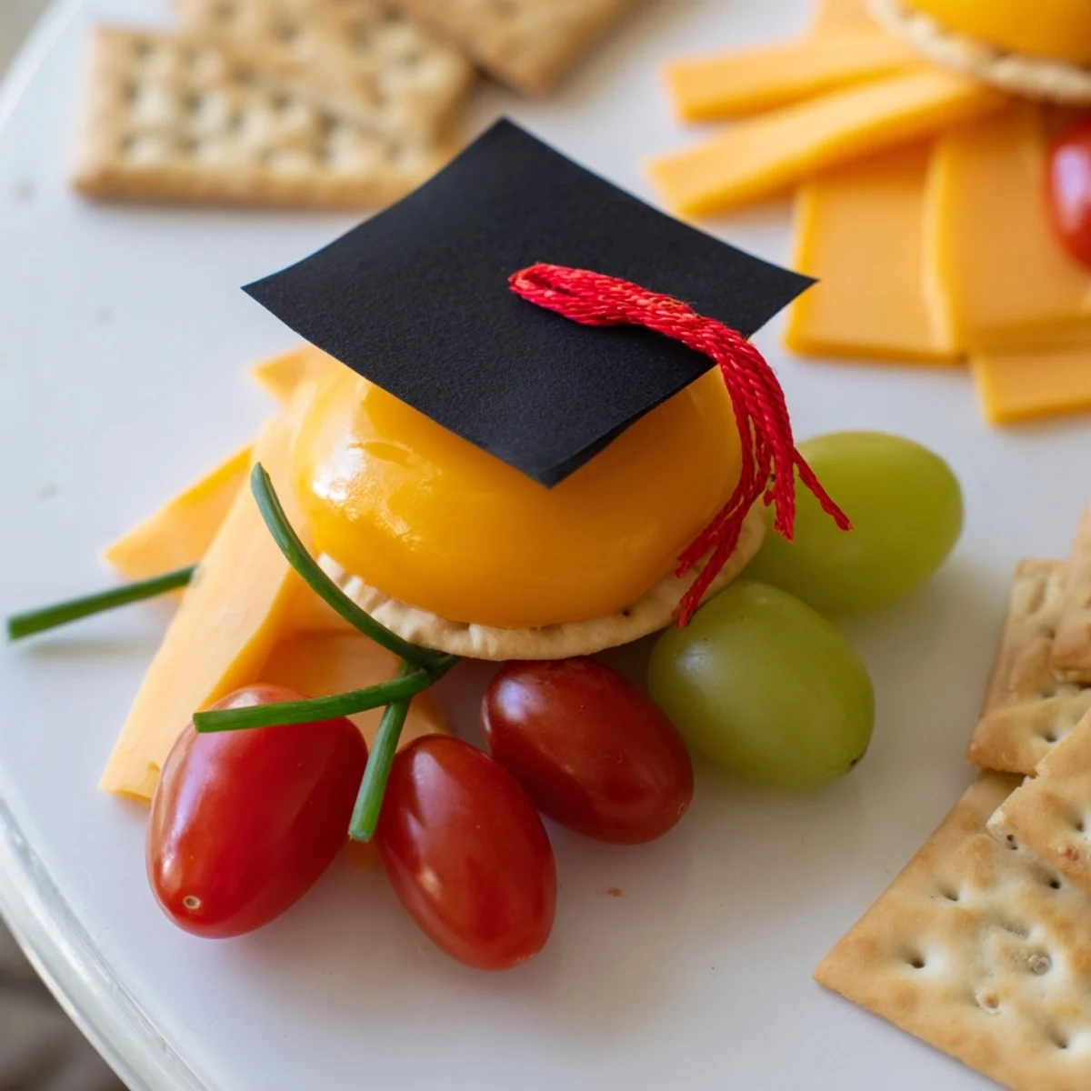 Graduation Cap Platter: A vibrant appetizer platter shaped like a cap, featuring fresh red pepper and cheese.