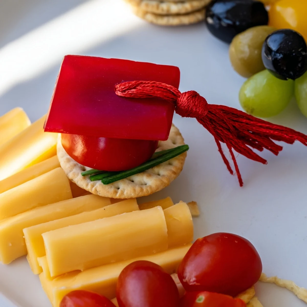This colorful Graduation Cap Platter features a creamy cheese base, ready to enjoy with crackers and dips.