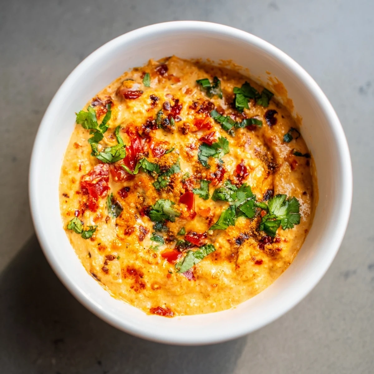 Vibrant view: a bowl of Volcanic Lava Spicy Dip with smoky roasted red peppers and fresh cilantro.