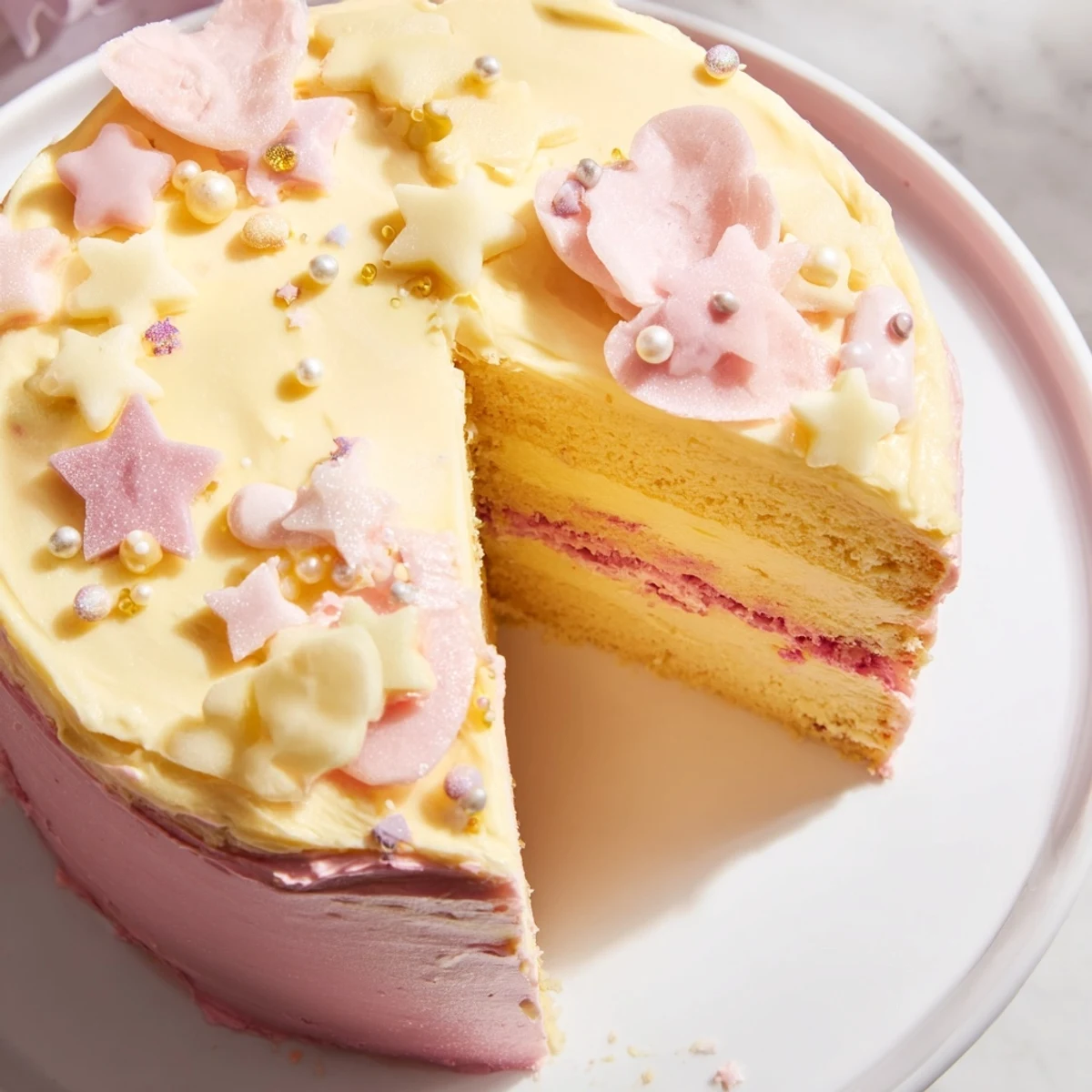 A whimsical Château de Princesse Cœurs et Étoiles cake with heart and star sprinkles, ready to serve.