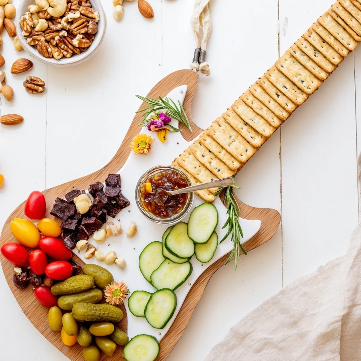 Rock Star Guitar Platter featuring vibrant cheeses, meats, and fruits, visually shaped like an electric guitar.