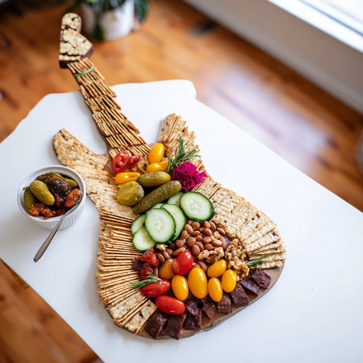 Imagine a festive Rock Star Guitar Platter: savory salami, cheddar, and fruit create a delicious, party-ready display.