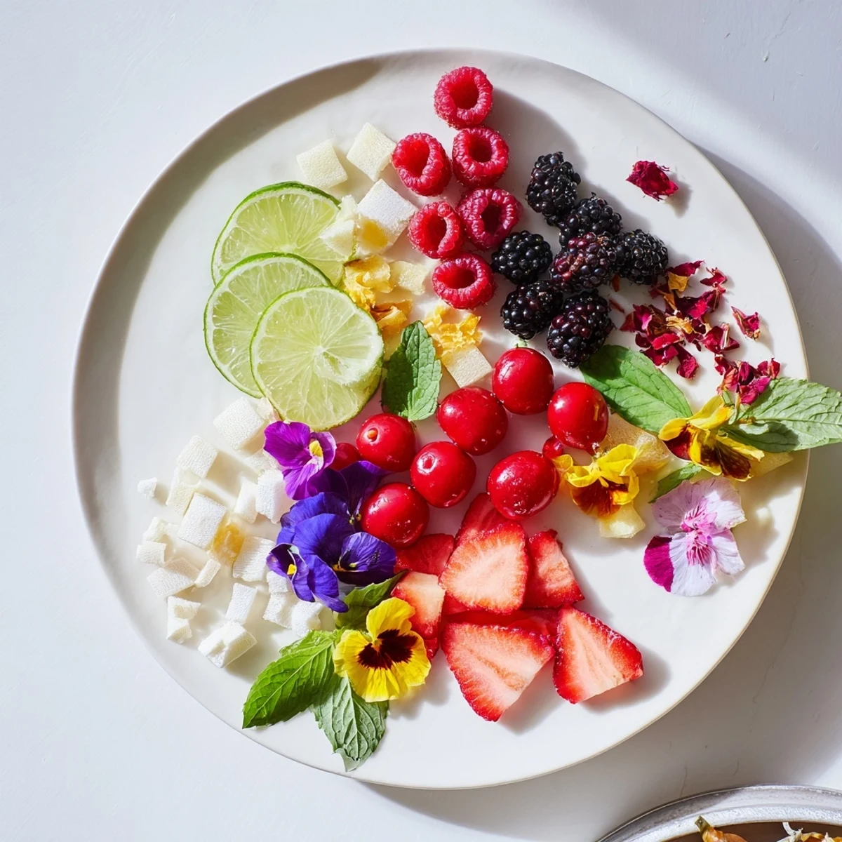 Serve your guests with this elegant Champagne Bar garnishes arrangement offering various fruit and herb options.