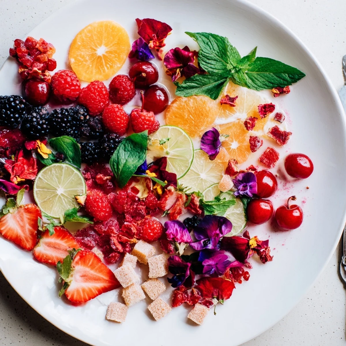 A colorful Champagne Bar garnishes spread featuring fresh berries, citrus, and edible flowers, ready to be enjoyed.