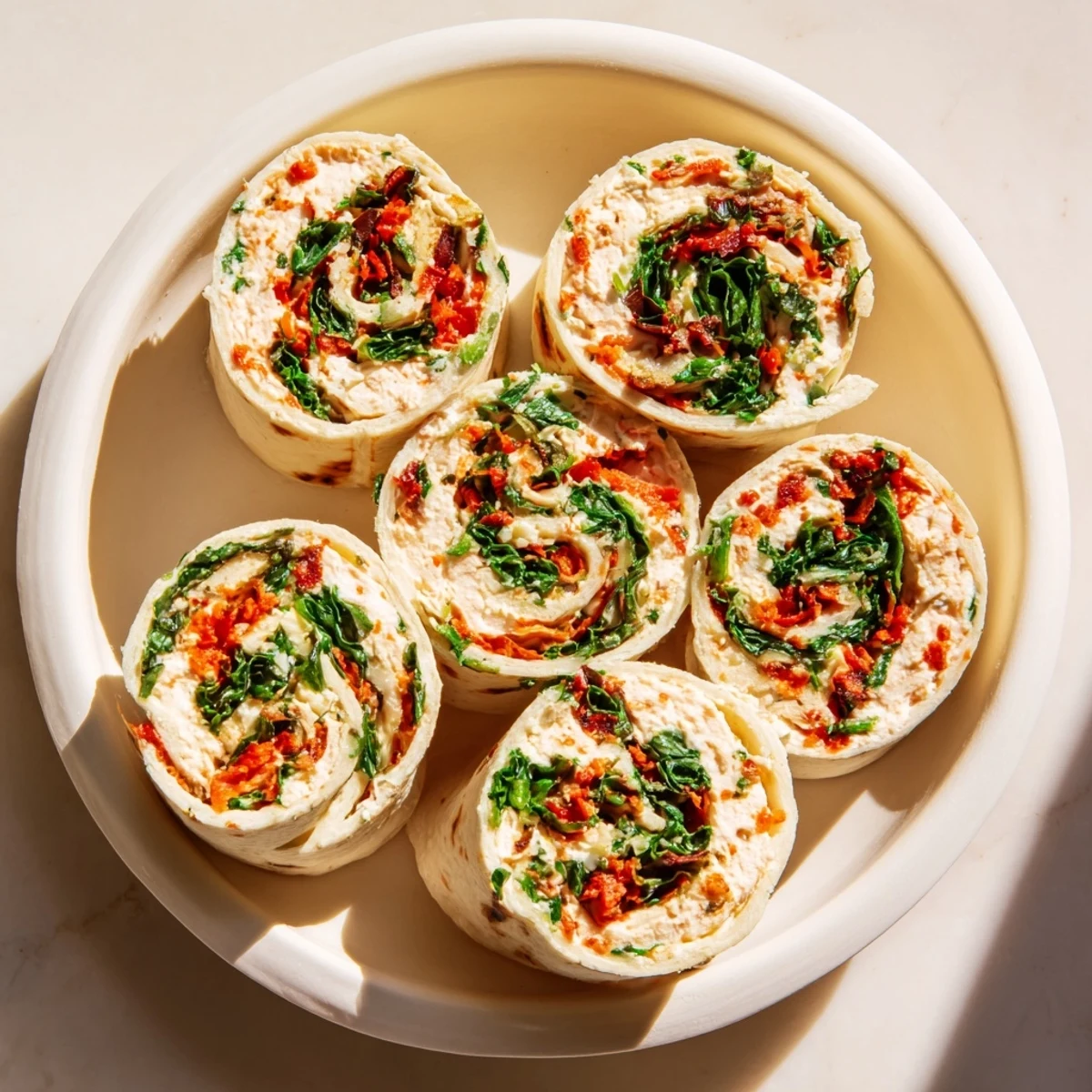 Holiday appetizer of Christmas Scarf Tortilla Roll-Ups sliced and arranged like a scarf, filled with creamy flavors.