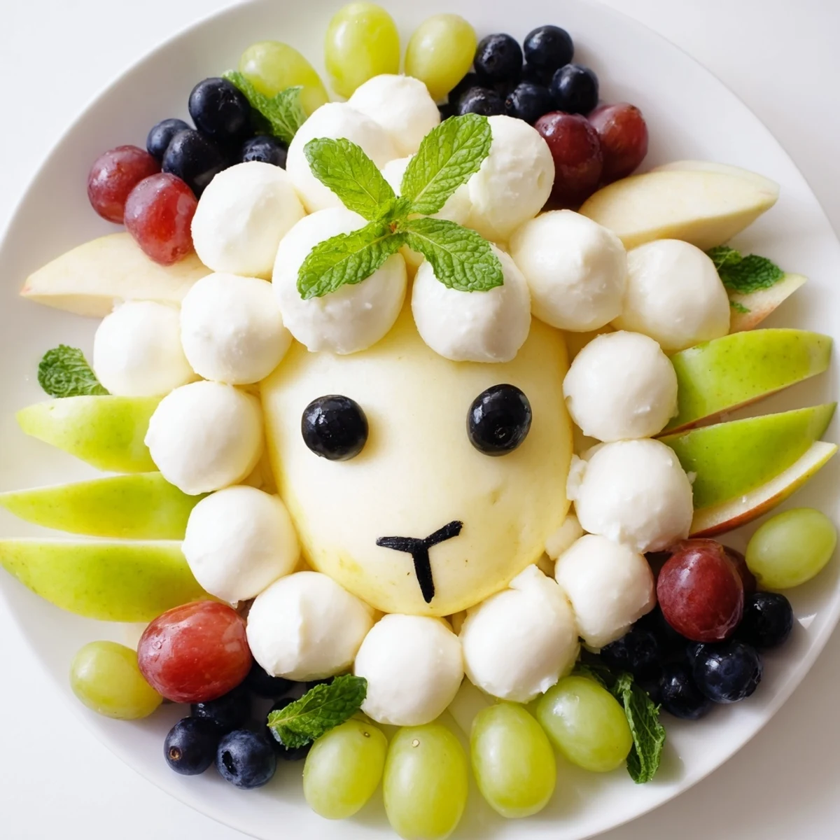 This lamb face fruit and cheese platter is arranged with mozzarella, olives, and fresh fruits for serving.