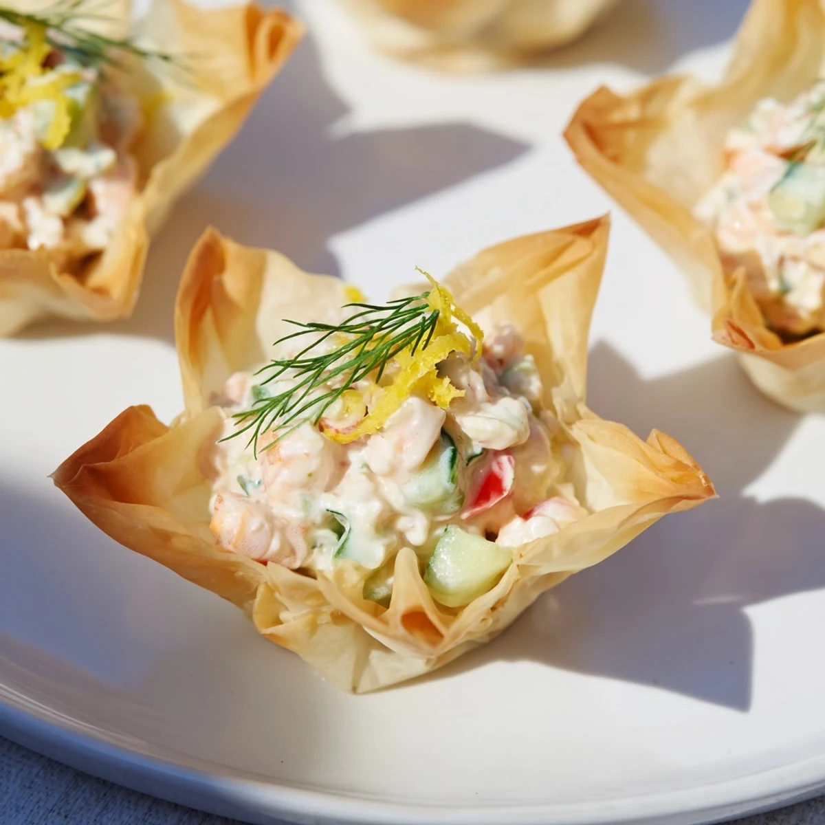 Crisp phyllo pastry Mini Star Cocktail Cups overflowing with chilled shrimp and vibrant vegetable filling before serving.