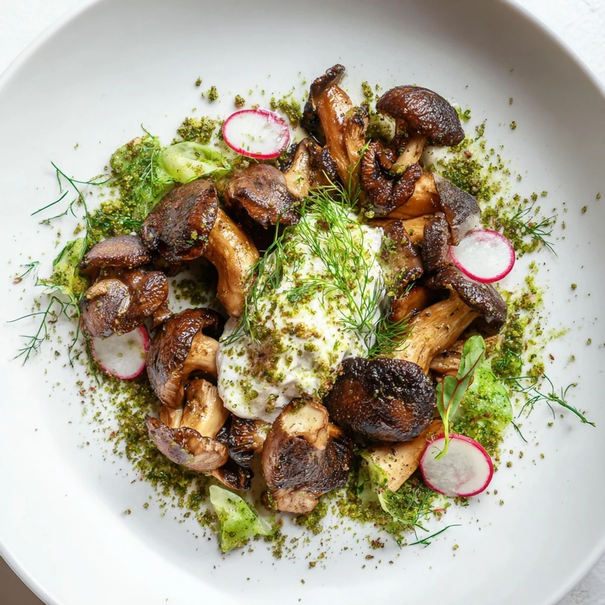 Imagine a Cottagecore Mushroom and Moss Savory Platter featuring fresh herbs, wild mushrooms, and rustic garnishes.