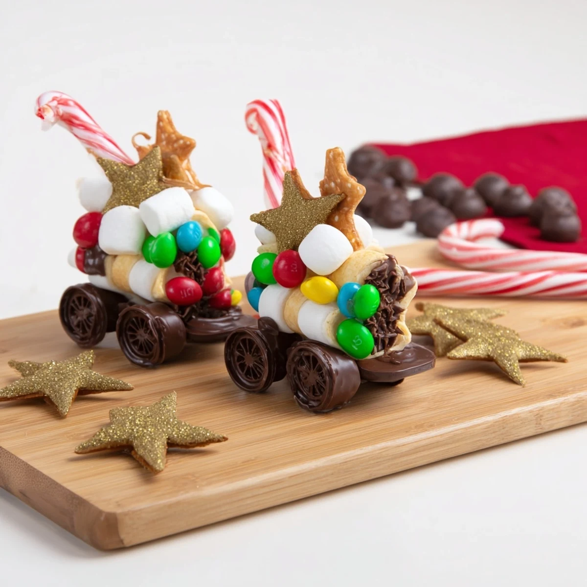 A colorful Polar Express Train Treat Board, filled with sweet and savory holiday snacks for everyone.