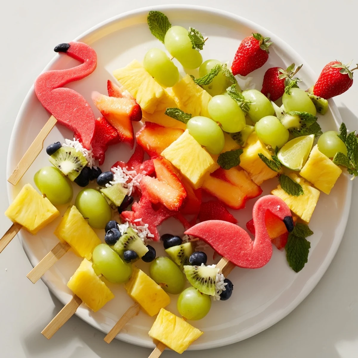 Lush Flamingo Fruit Skewer Platter, showcasing colorful sliced fruit artfully arranged for a fun, festive treat.