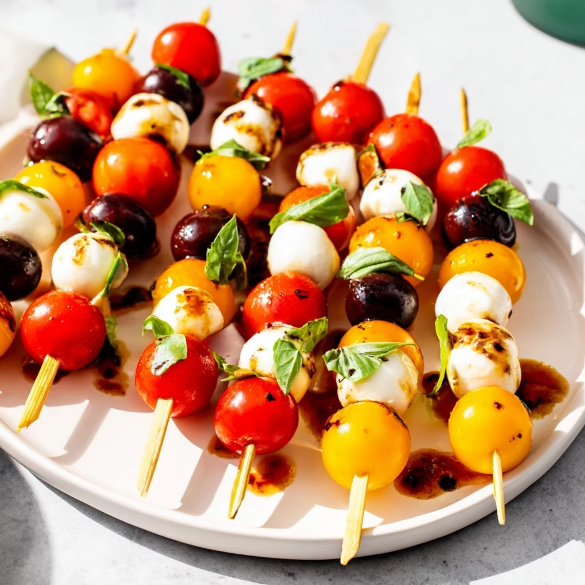 Christmas Lights Olive and Tomato Skewers: vibrant, colorful appetizer skewers ready for a holiday gathering.