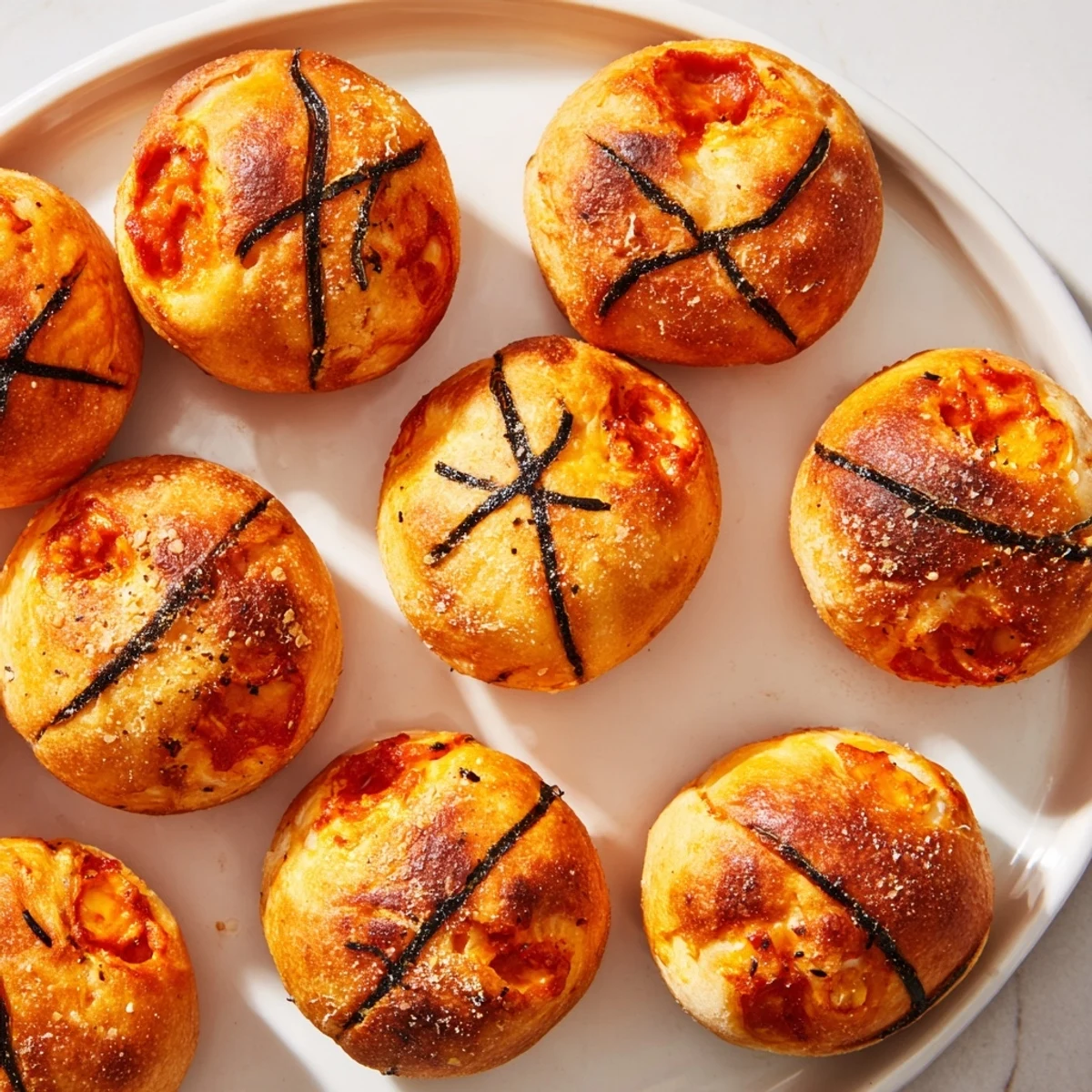 Golden, cheesy Basketball Pizza Bites, perfect game day snack, with black olive basketball details.