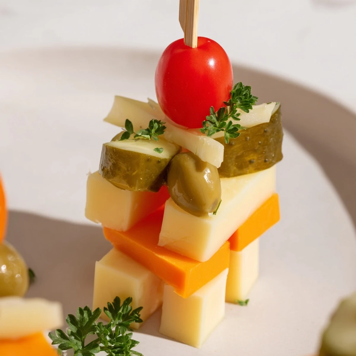 A visually appealing Festive Cube Cheese Stack with colorful cheese, olives, and tomatoes ready to eat.