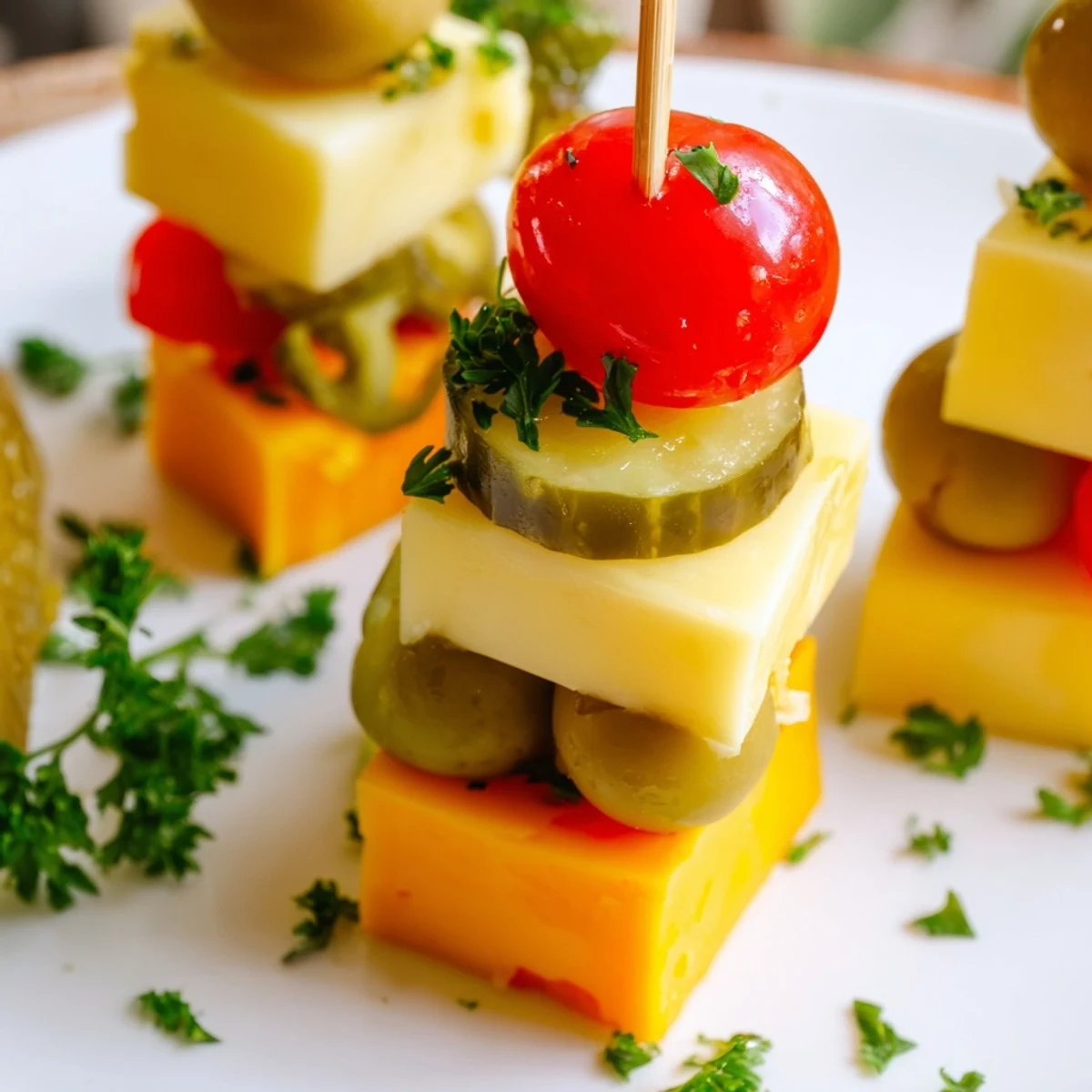 Delicious Festive Cube Cheese Stack appetizer with assorted cheeses and fresh parsley, perfect party food.