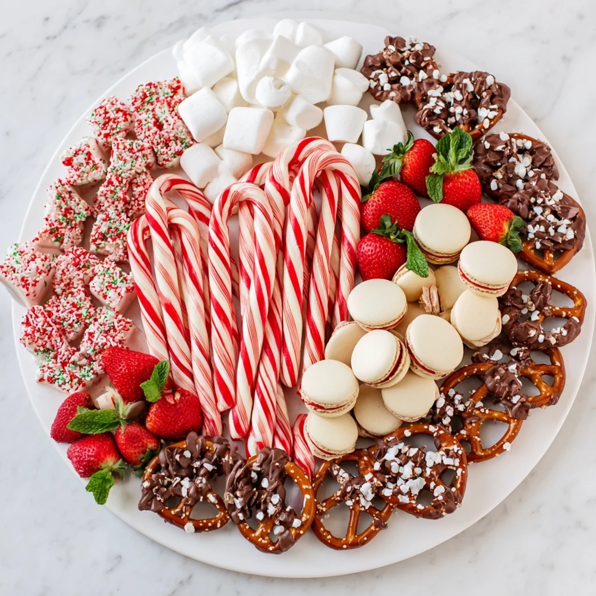 Festive Candy Cane Dessert Platter features an assortment of sweets, including peppermint bark and macarons.
