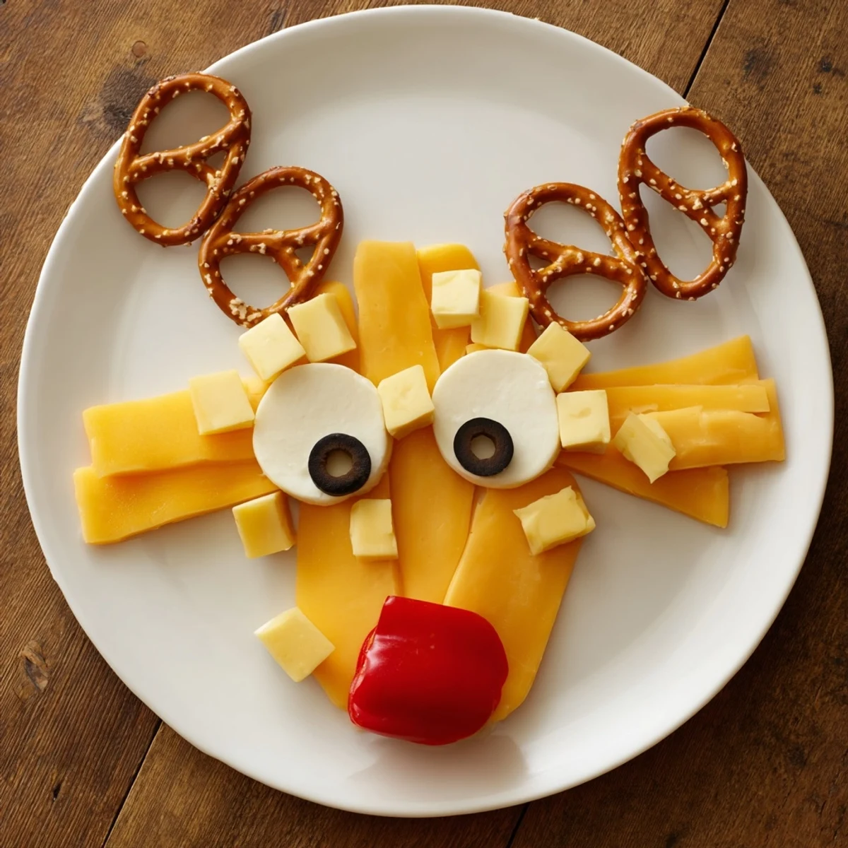 A festive Cheesy Reindeer Face Platter: cheddar cheese face with olive eyes and red pepper nose.
