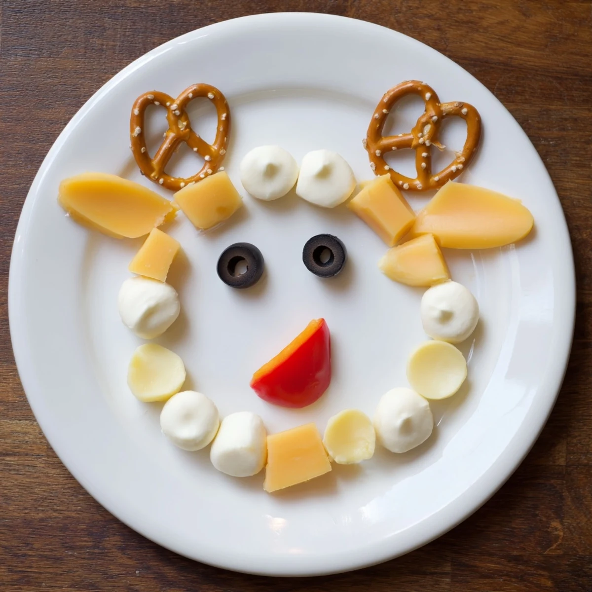 Imagine a fun and colorful Cheesy Reindeer Face Platter with crackers, cheese, and veggie decorations.
