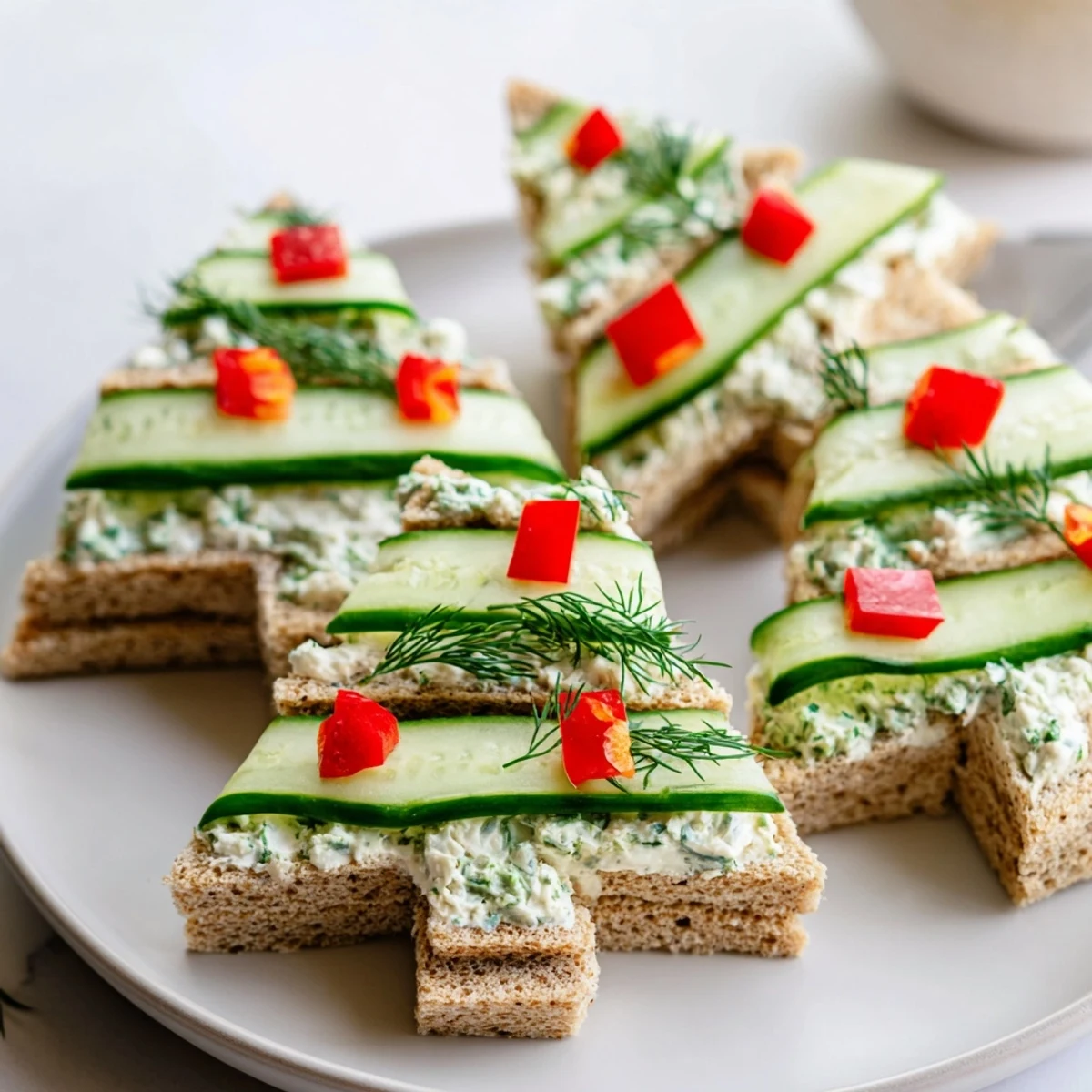 Freshly assembled cucumber and cream cheese tree stacks: a flavorful, party-ready snack with colorful garnishes.